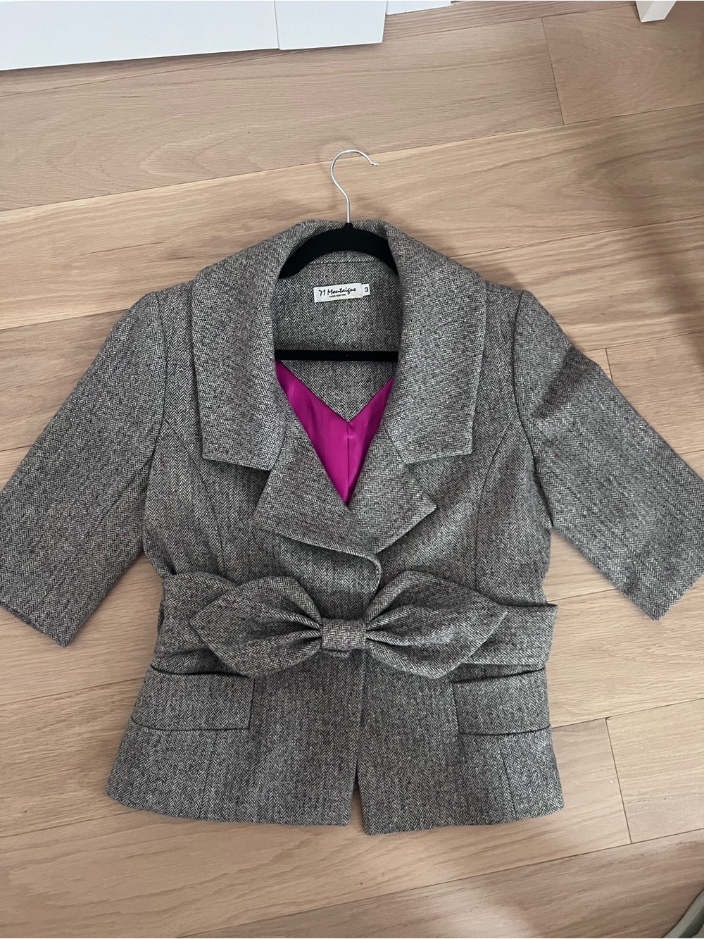 71 Montaigne Paris Wool-Blend Gray Bow Waist Jacket with Pink Lining